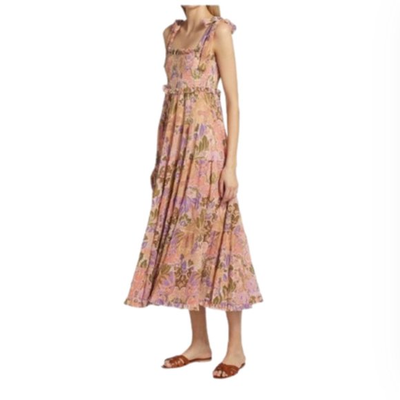 Zimmermann Violet Tiered Sundress Midi Dress Womens 1 Small Pink Floral Smocked - Picture 3 of 15